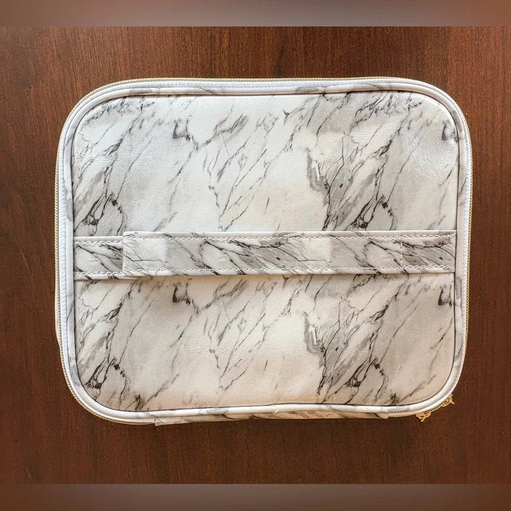Set of 3 white & gray marble organization packing cubes & makeup brushes travel